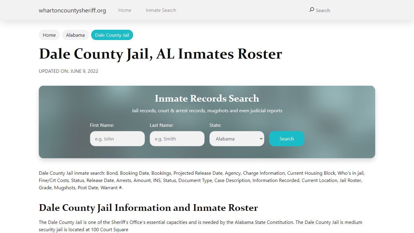 Dale County Jail, AL Jail Roster, Name Search